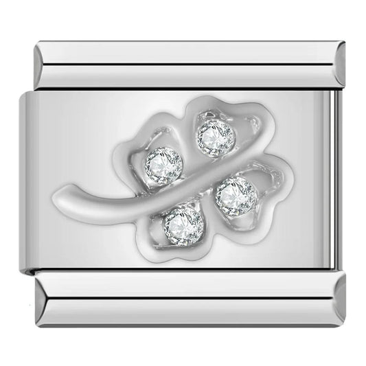 4-leaf Clover and its Stem, in Silver and White Stones - Charms Official