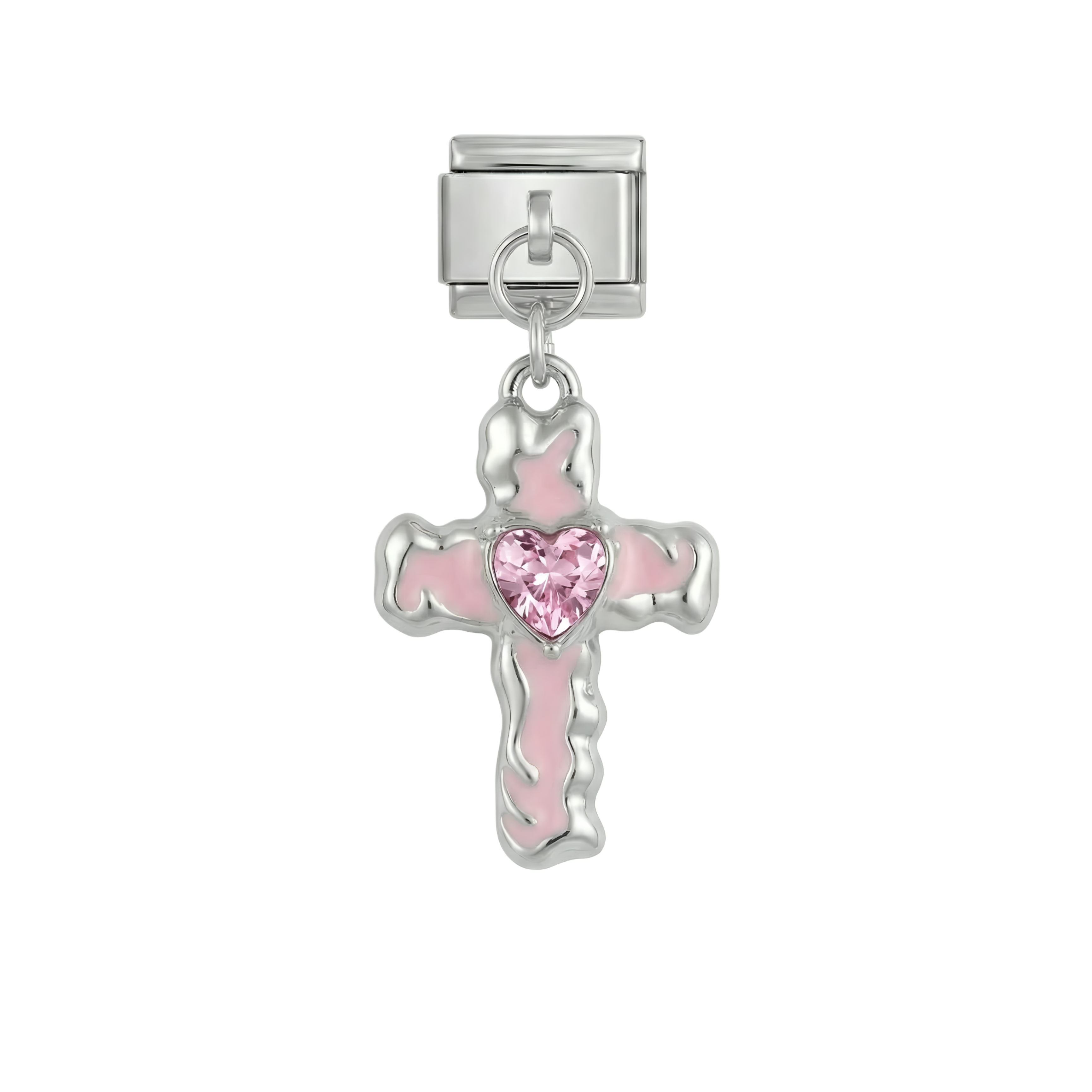 Pink Cross with Heart, on Silver