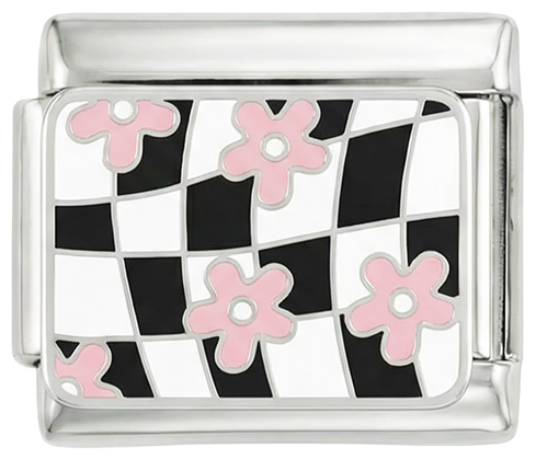 Black & White Checkers with Pink Flowers on Silver - black-white-checkers-with-pink-flowers-on-silver.png